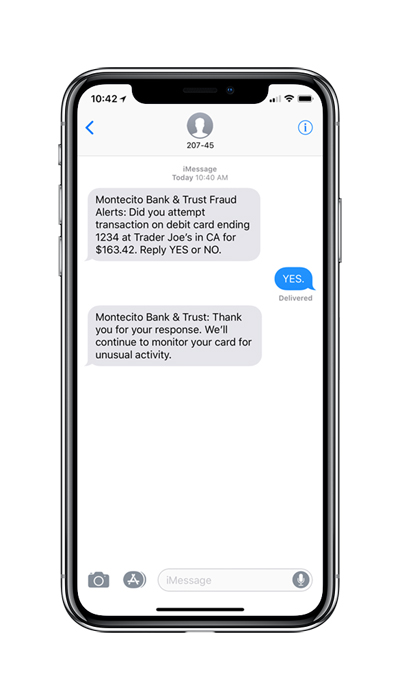Shows the screen of phone with suspicious activity message: Net Savings And Loan  Fraud Alerts: Did you attempt transaction on debit card ending 1234 at Trader Joe's in CA for $163.42. Reply YES or NO. YES response followed by Net Savings And Loan : Thank you for your response. We'll continue to monitor your card for unusual activity.
