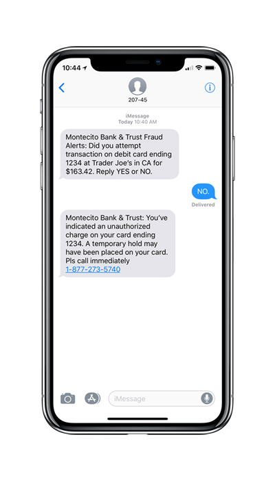 Shows the screen of phone with suspicious activity message: Net Savings And Loan  Fraud Alerts: Did you attempt transaction on debit card ending 1234 at Trader Joe's in CA for $163.42. Reply YES or NO. NO response followed by Net Savings And Loan : You've indicated an unauthorized charge on your card ending 1234. A temporary hold may have been placed on your card. Please call immediately 1-877-273-5740.